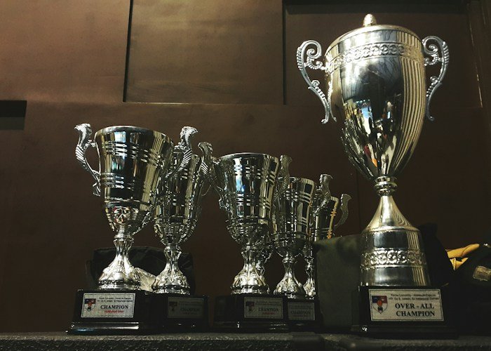 Diverses copes i trofeus metàl·lics exposats en un prestatge.